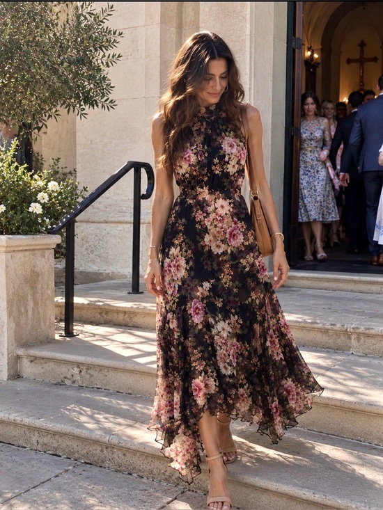 Yumi Kim Dresses & Skirts - Yumi Kim Black Floral Halter Midi Dress with Pink Blooms